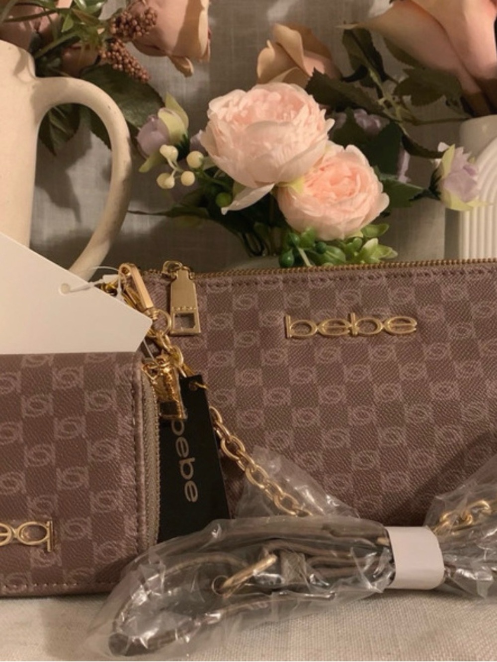 bebe Taupe Logo Chain Wristlet with Gold Accents